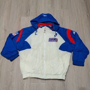 Vintage 90s Apex One New York Giants NFL Puffer Jacket Hooded Blue White Men's L